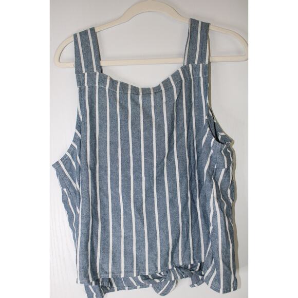 NWT SONOMA- L Square Neck Tie Hem Button Denim Blue White Stripe Linen Tank Top - Picture 3 of 4